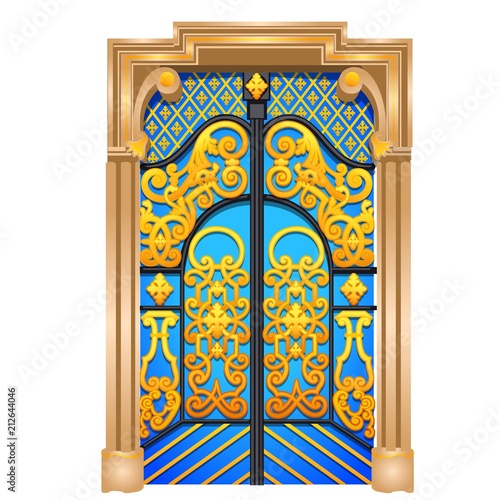 Double door in the Oriental style isolated on white background. Vector cartoon close-up illustration.
