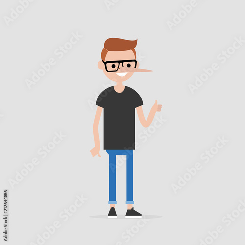 Liar. Young character with a long nose. Cheater. Concept. Flat editable vector illustration, clip art