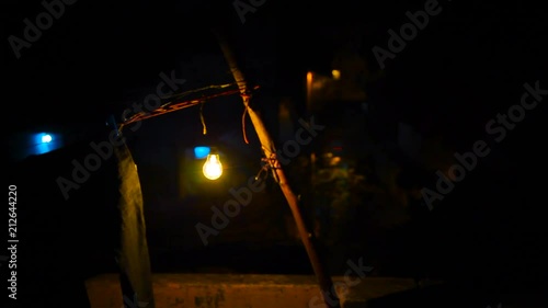 Light Bulb in the house. Village house in India at night with light bulb.