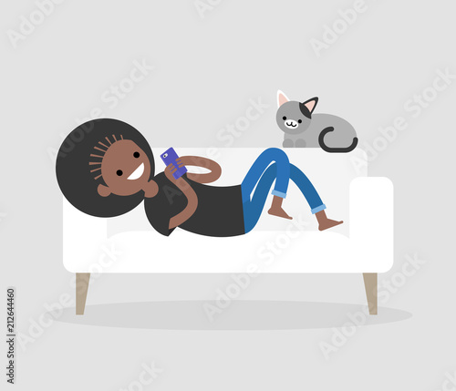 Millennial character lying on a sofa and checking the smartphone