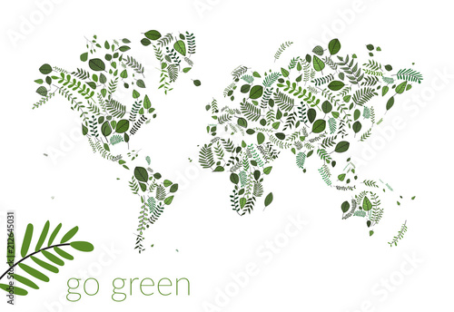 vector map of the world made of green leaves illustration. greenery ecology. earth. tanical style map. eco organic globe. worldmap