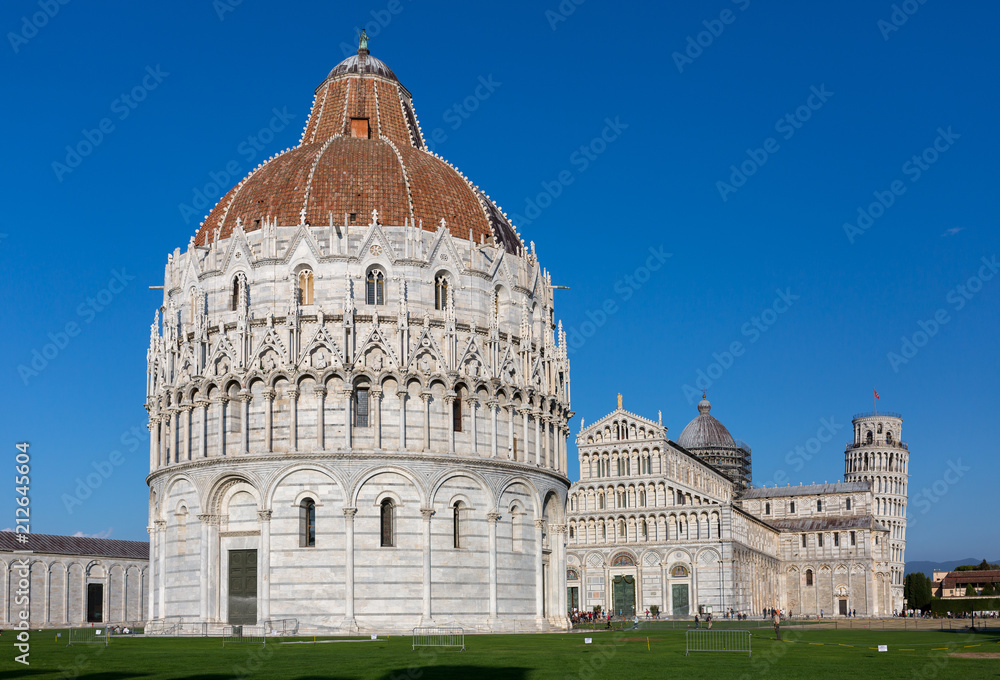 Baptistry of Pisa with cathedral and tower behind