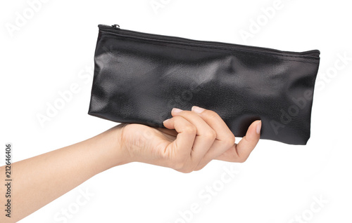 hand holding black leather wallet isolated on white background