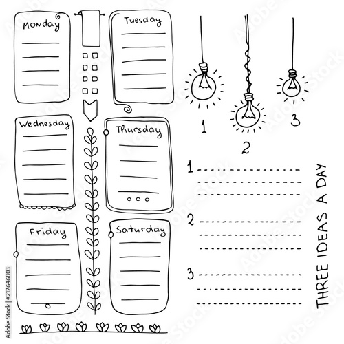 Bullet journal hand drawn vector elements for notebook, diary and planner. Doodle banners isolated on white background. Days of week, notes, list, frames, dividers
