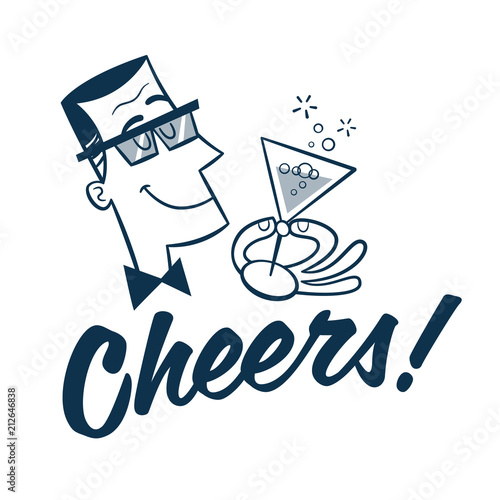 Vintage style clip art - Mid-century man holding a glass of champagne and cheering up - Vector EPS10