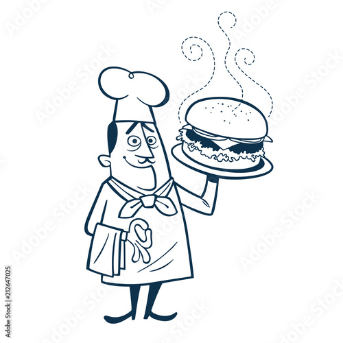 Vintage Style Clip Art - Chef With Large Hamburger - Vector EPS10.