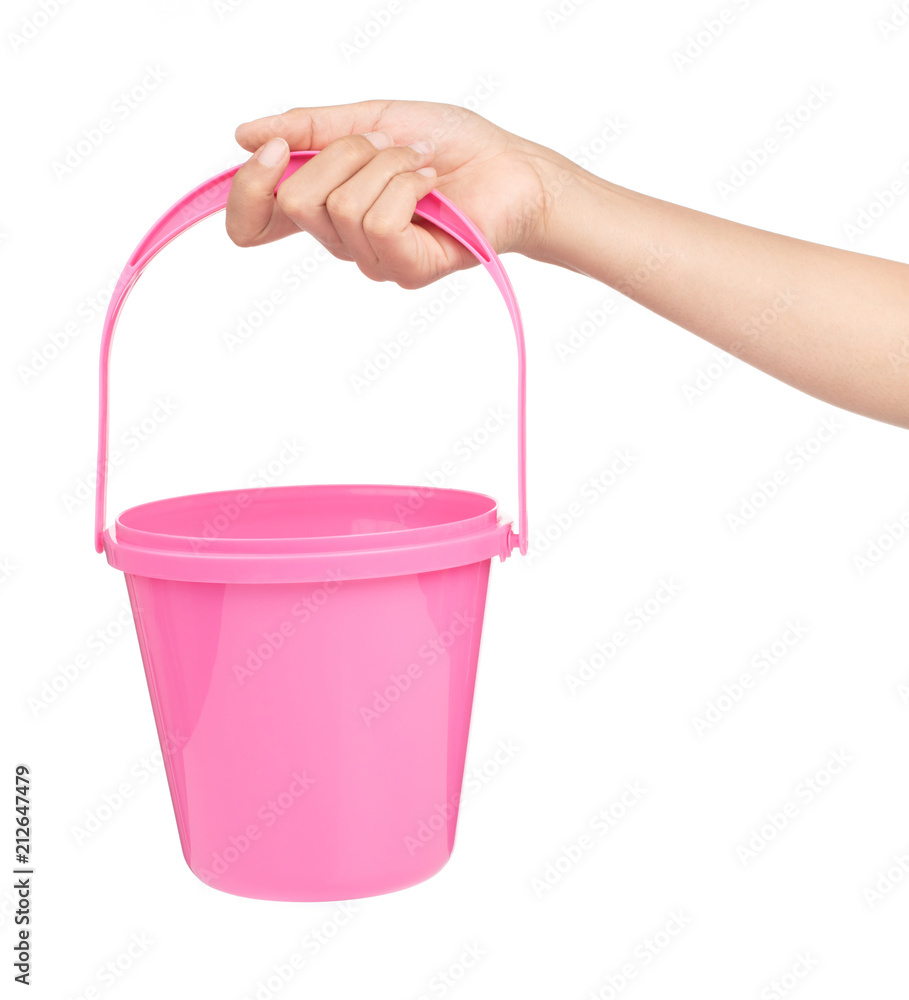 hand holding Pink plastic bucket for water isolated on white background  Stock Photo | Adobe Stock