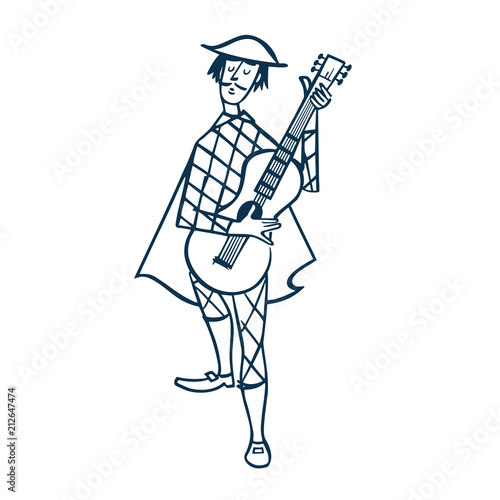 Vintage Style Clip Art - Harlequin Playing Guitar - Vector EPS10.