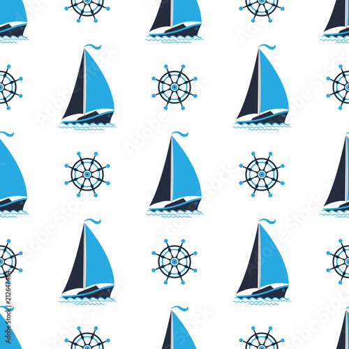 Sailing boat on the waves. Captain's wheel. Seamless nautical pattern.