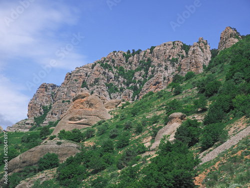 Mountains of the crimea and the green forest and village