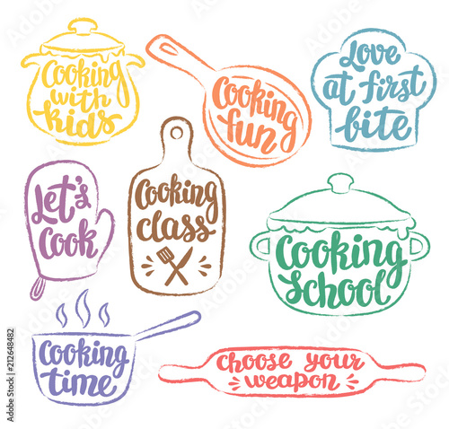Collection of grunge colour contoured cooking label or logo. Cooking vector illustration with hand written lettering, calligraphy. Cook, chef, kitchen utensils icon or logo.