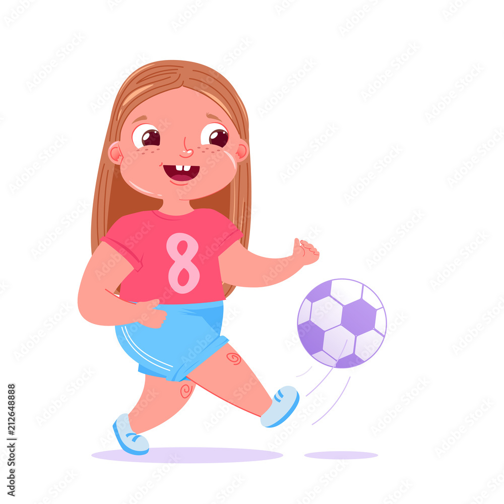 Cute baby girl playing football with a soccer ball. Player's team modern uniform. Healthy activities Cute baby girl playing football with a soccer ball. Player's team modern uniform. Healthy activities