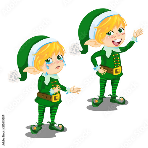 Cartoon animated boy leprechaun happy and crying isolated on a white background. Vector cartoon close-up illustration.