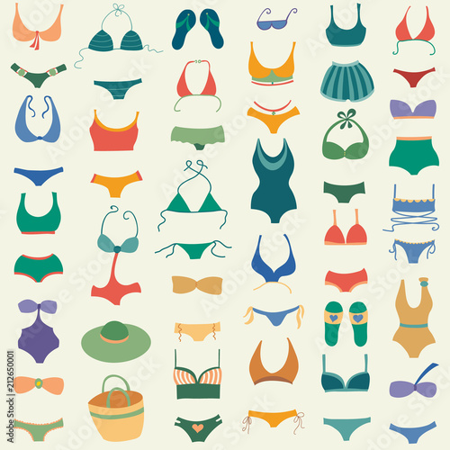 Swimming suit vector seamless pattern. Different swimsuits, flip flops, hats, glasses, bags on light background