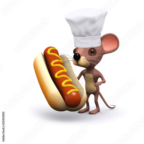 Vector 3d Funny cartoon mouse dressed as a chef and amazed at giant hot dog