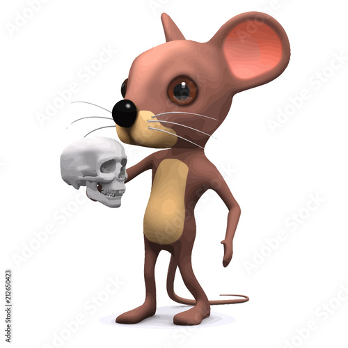 Vector 3d Funny cartoon mouse acting on the stage and holding a human skull