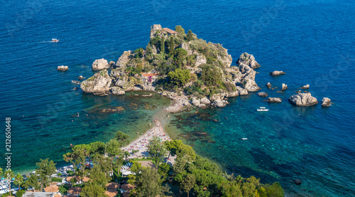 Scenic view of the Isola Bella in Taormina, province of Messina, southern Italy.