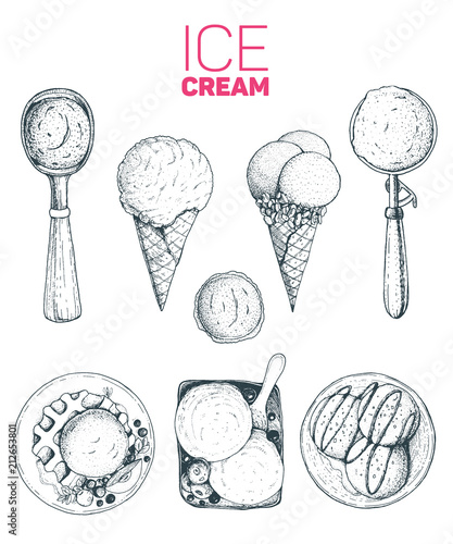 Ice cream hand drawn collection. Food for dessert. Vector sketch for vintage menu design. Hand drawn food elements with ice cream. Engraved style.