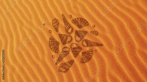 Animation of background with seashells. Seashell collection on sand background photo