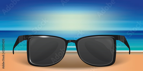 Summer design with sunglasses. Sunglasses in the sand on the background of the sea or the ocean. Vector template for summer design