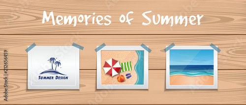 Memories of summer. Summer design set. Photos about summer rest are attached with an adhesive tape to the wooden board. Vector illustration