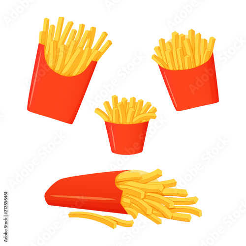French fries. Small, medium and large servings. Big box of fries lying on a side. © Tatiana Zhzhenova