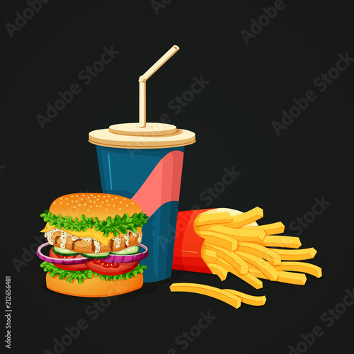 Grilled chicken burger, soft drink and big box of french fries lying on a side.
