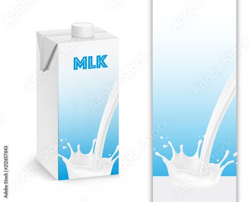 Mock up of milk package with splash. Vector illustration. Can be use for your design. EPS 10.