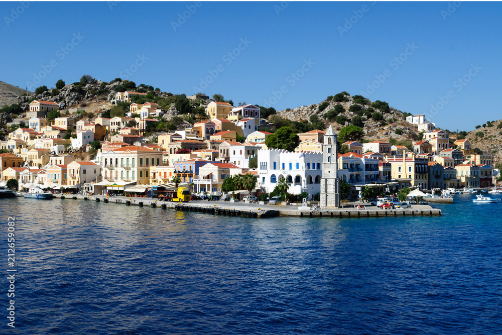 View of the characteristic Greek buildings Simi island.