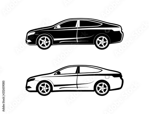 Sedan car Icon set from the side view in black and white