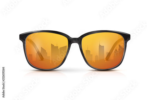 Reflection of the city in the glasses. Vector realistic modern eyeglasses with gold gradient lens. Summer vacation holiday beach pool party. 