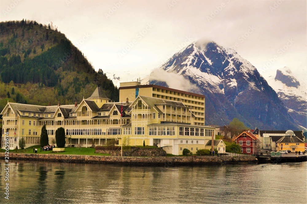 Balestrand and  snowy mountain