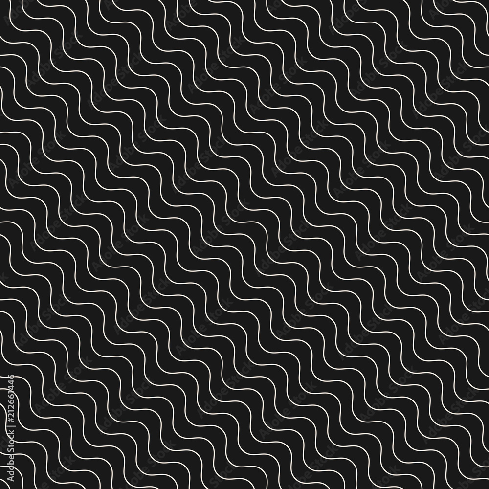 Diagonal thin wavy lines vector seamless pattern. Dark modern texture