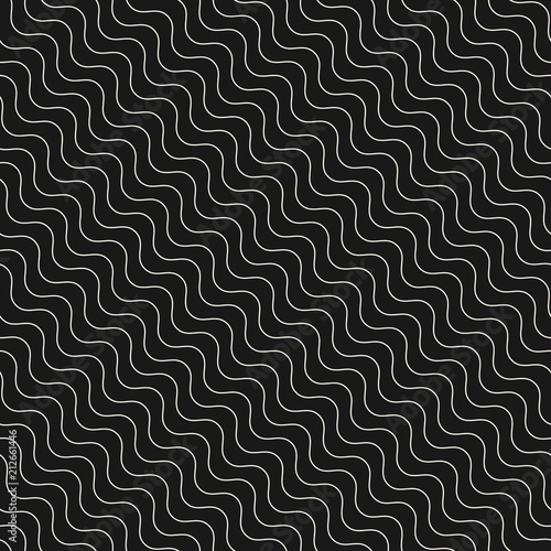 Diagonal thin wavy lines vector seamless pattern. Dark modern texture