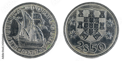 Old Portuguese coin. 2$50 Escudos. 1977. photo