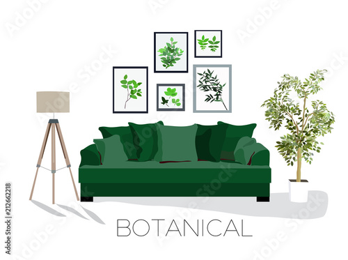 living room interior design botanical style, vector furniture home illustration.modern contemporary.