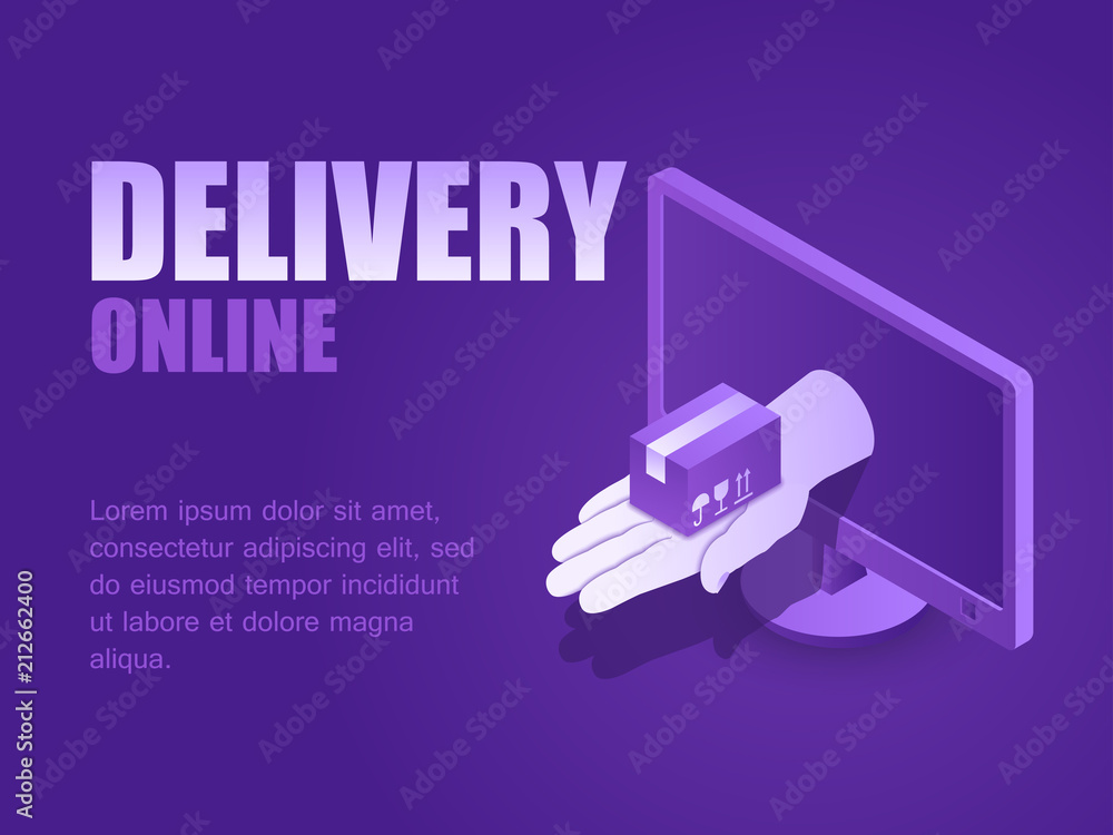 Concept delivery online. Vector illustration isometric hand with delivery postal parcel of computer monitor landing page Concept delivery online. Vector illustration isometric hand with delivery postal parcel of computer monitor landing page