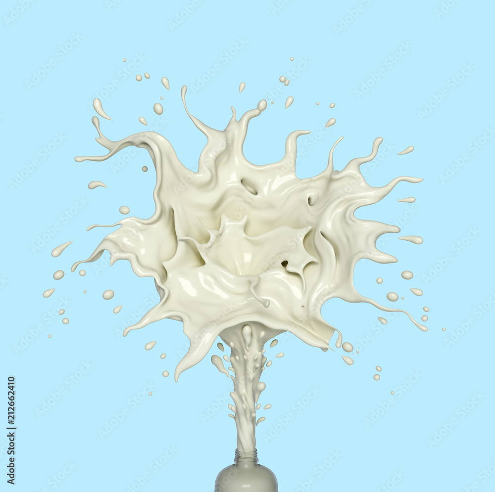 Liquid white milk or yogurt splash out of bottle isolated on background. Creative design drink concept. 3D rendering illustration. Liquid white milk or yogurt splash out of bottle isolated on background. Creative design drink concept. 3D rendering illustration.