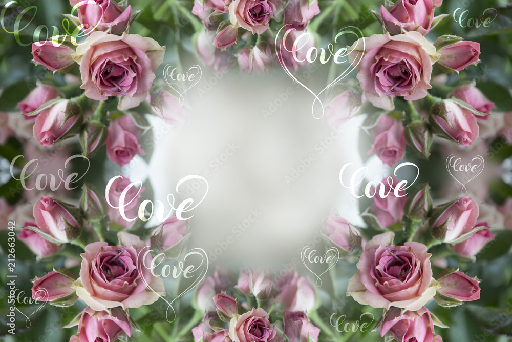Pink roses. Flowers. Use printed materials, signs, items, websites, maps, posters, postcards, packaging. Postcard with the word - love.