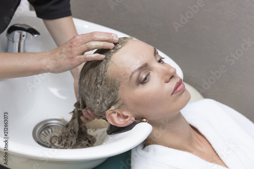 Hair beauty care, moisturizer application, hairdresser, hair mask of a beautiful girl, natural, health and beauty, closeup