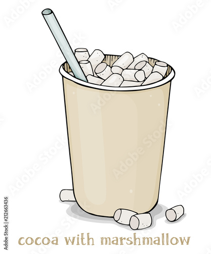 Paper Cup with hot cocoa to take away and marshmallow. Colorful vector illustration on white background.