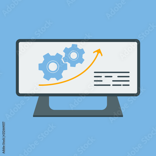 Concept Vector image of a monitor with a graph of growth and gears. Infographics. Fully editable vector image.