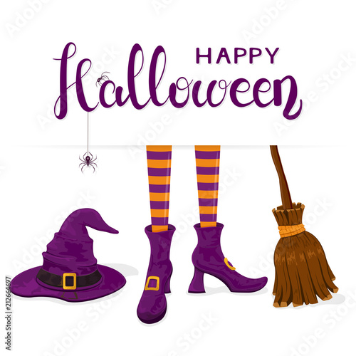 Text Happy Halloween with witches legs with purple hat and broom