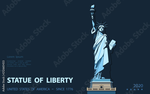 Statue of Liberty USA, poster. 2020. Creative Blue Linear Picture. National Symbol of America. Illustration, black background. Use presentations,corporate reports, text, emblems, labels, logo, vector