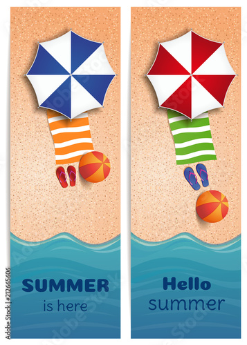 Summer banners set with sea or oceand. Sea, sun, beach and beach accessories. Summer is here. Hello summer. Vector illustration