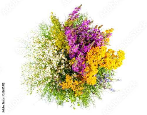 Bouquet of wildflowers isolated on white background, top view
