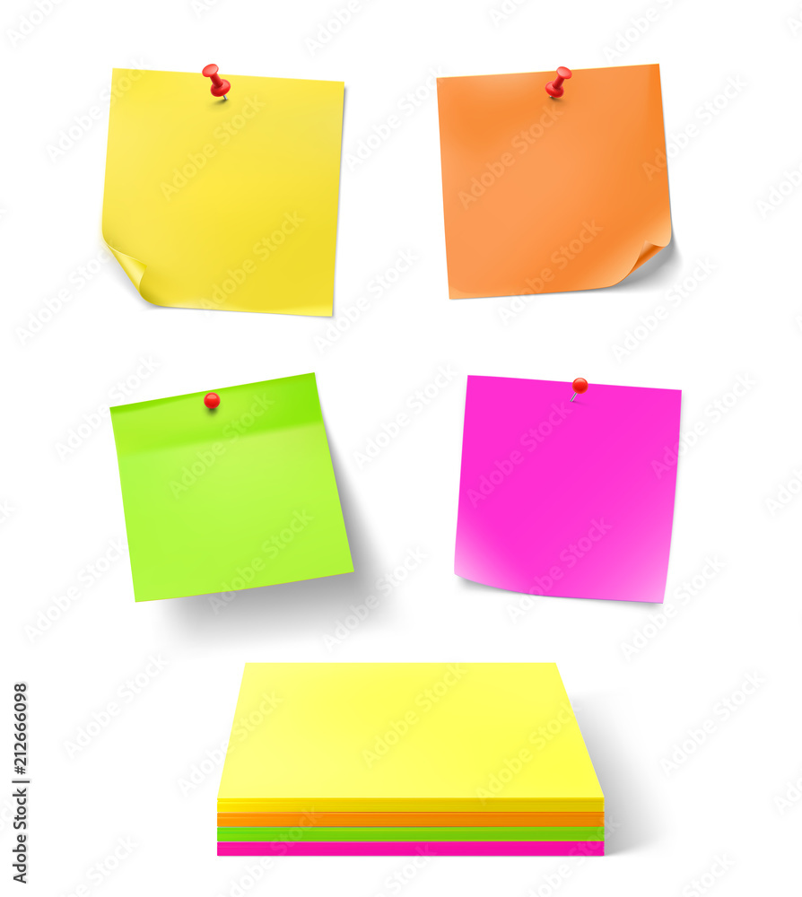 Colorful stick papers note with red thumbtacks on white background. Vector illustration. Can be use for your design, presentation, promo, adv. EPS10. Colorful stick papers note with red thumbtacks on white background. Vector illustration. Can be use for your design, presentation, promo, adv. EPS10.