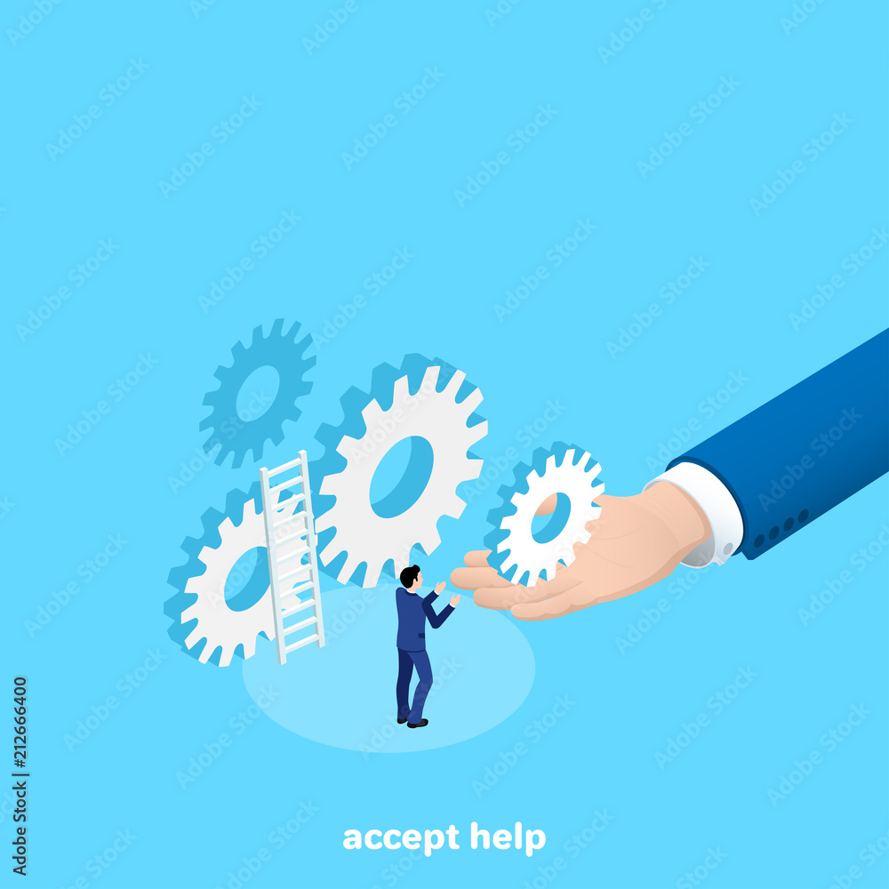 a man in a business suit takes the missing gear from the hand of another person, an isometric image a man in a business suit takes the missing gear from the hand of another person, an isometric image