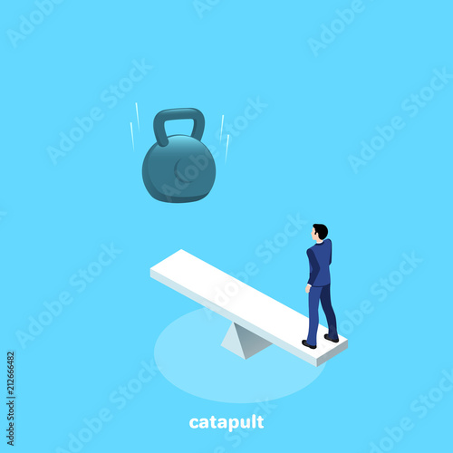 a man in a business suit is standing on one catapult's rim, and on the other end is a huge weight, an isometric image