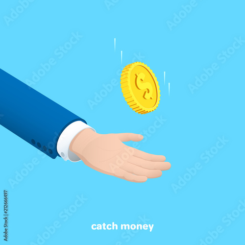 a man in a business suit catches a falling gold coin with one hand, an isometric image